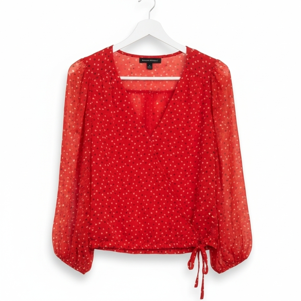 Banana Republic Red Heart Print Wrap Small Blouse Feminine Romantic Spring Top